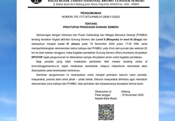 NBTS Tutup Pendakian Gunung Semeru